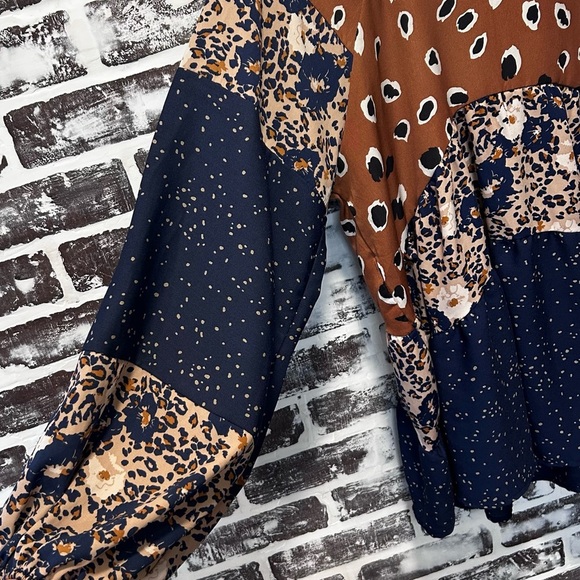 Hailey & Co Boho Eclectic Peasant Top Balloon Sleeve Navy Brown Mixed Print Sz M - Picture 5 of 8